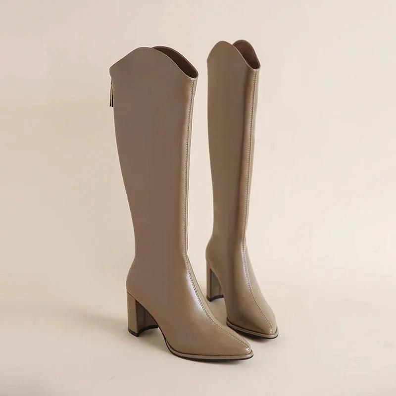 Women's Zipper Thick High Heels Knee High Boots - Glova