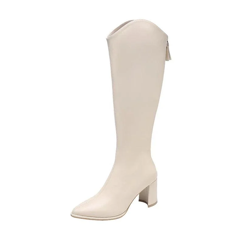 Women's Zipper Thick High Heels Knee High Boots - Glova