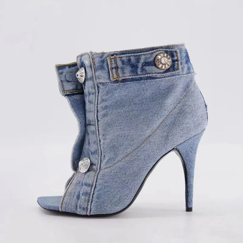 Women shoes Fish mouth Denim Button Stiletto Ankle boots - Glova