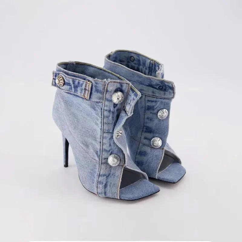 Women shoes Fish mouth Denim Button Stiletto Ankle boots - Glova