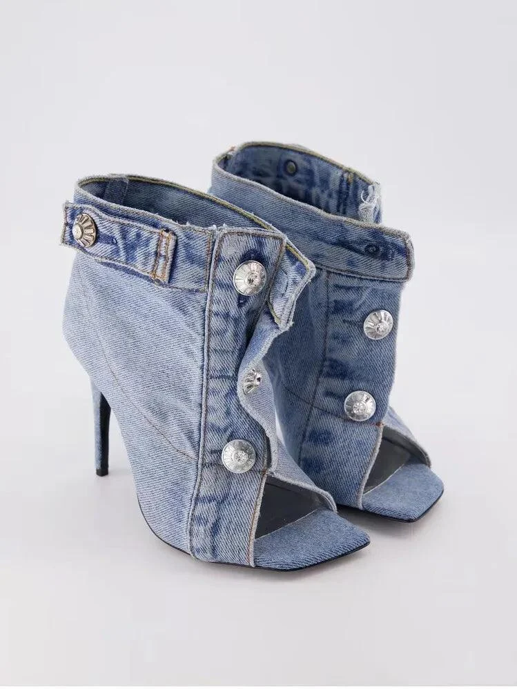 Women shoes Fish mouth Denim Button Stiletto Ankle boots - Glova