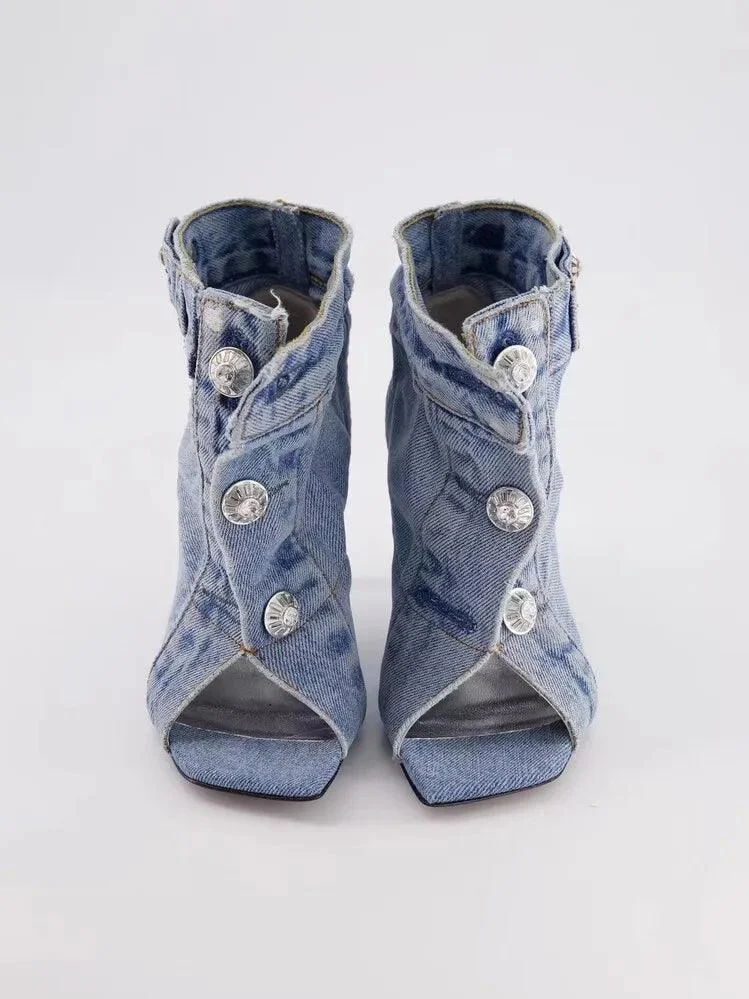 Women shoes Fish mouth Denim Button Stiletto Ankle boots - Glova