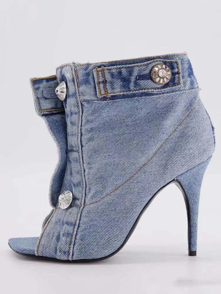 Women shoes Fish mouth Denim Button Stiletto Ankle boots - Glova