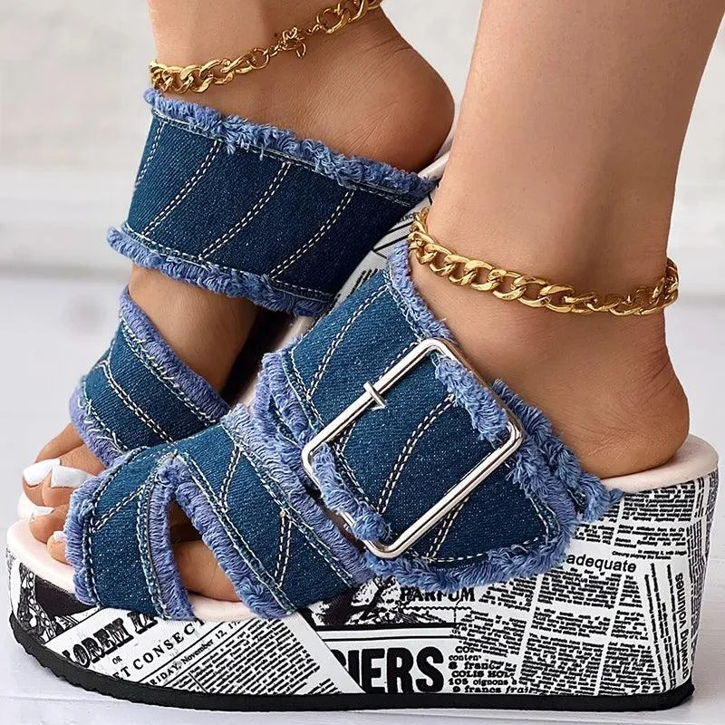 Women Shoes Newspaper Buckled Denim Wedge Sandals - Glova