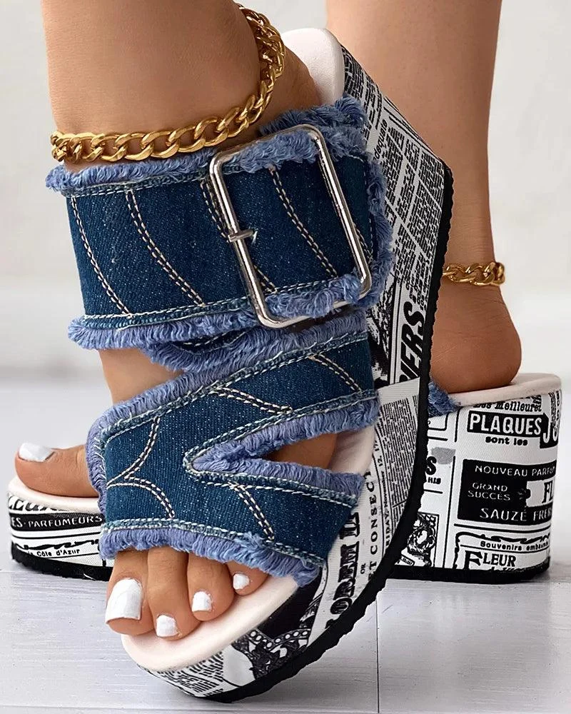 Women Shoes Newspaper Buckled Denim Wedge Sandals - Glova