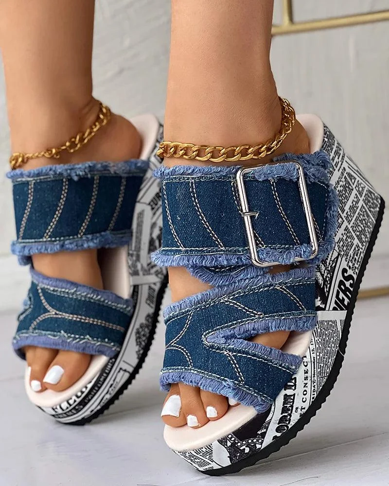 Women Shoes Newspaper Buckled Denim Wedge Sandals - Glova