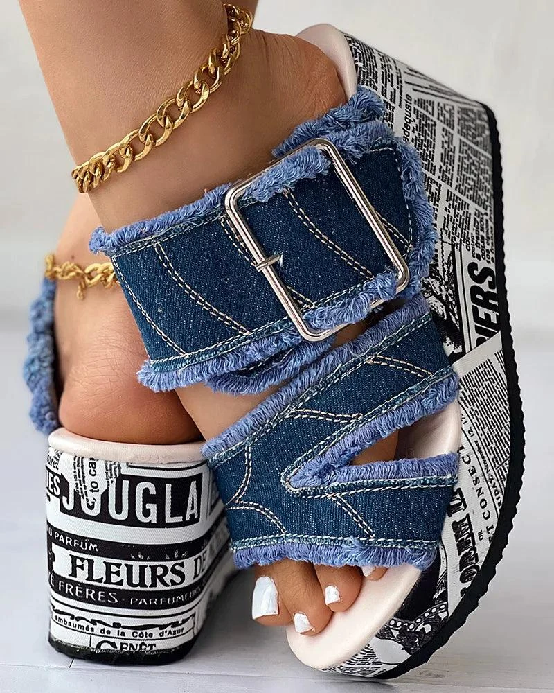 Women Shoes Newspaper Buckled Denim Wedge Sandals - Glova