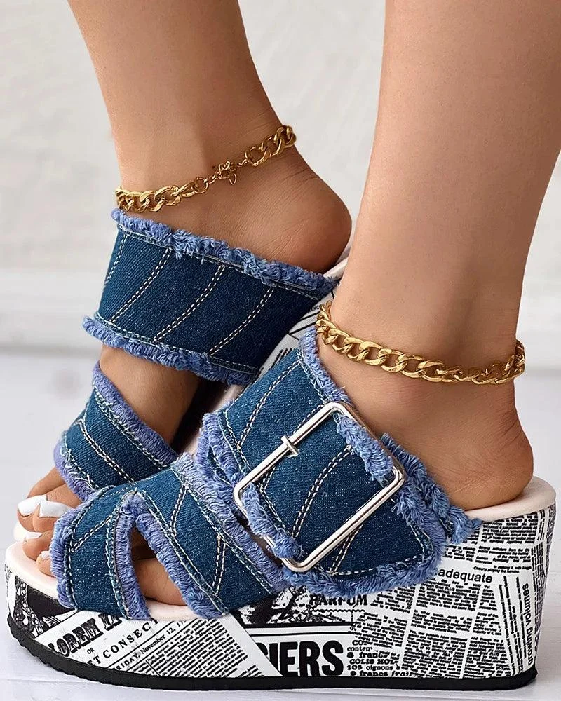 Women Shoes Newspaper Buckled Denim Wedge Sandals - Glova