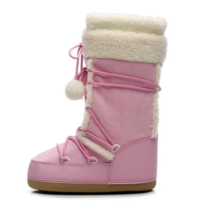 Women Snow Boots Mid-calf Lace-up Fur Boots Non-slip Pink Cotton Boots - Glova