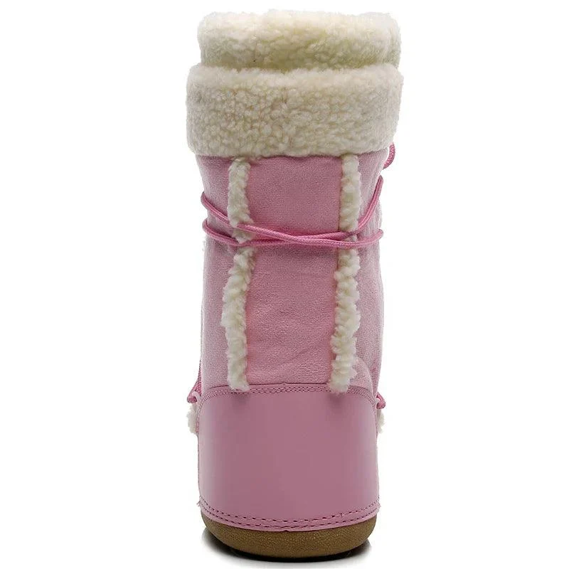 Women Snow Boots Mid-calf Lace-up Fur Boots Non-slip Pink Cotton Boots - Glova