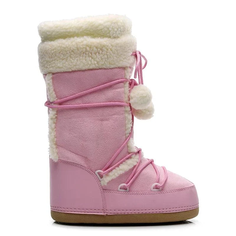 Women Snow Boots Mid-calf Lace-up Fur Boots Non-slip Pink Cotton Boots - Glova