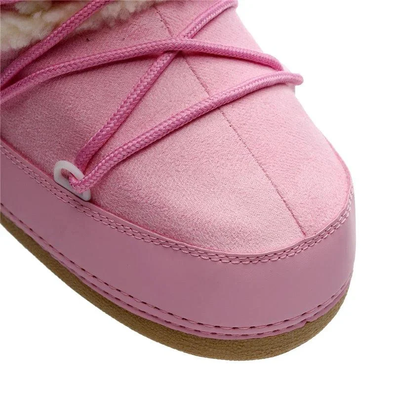 Women Snow Boots Mid-calf Lace-up Fur Boots Non-slip Pink Cotton Boots - Glova