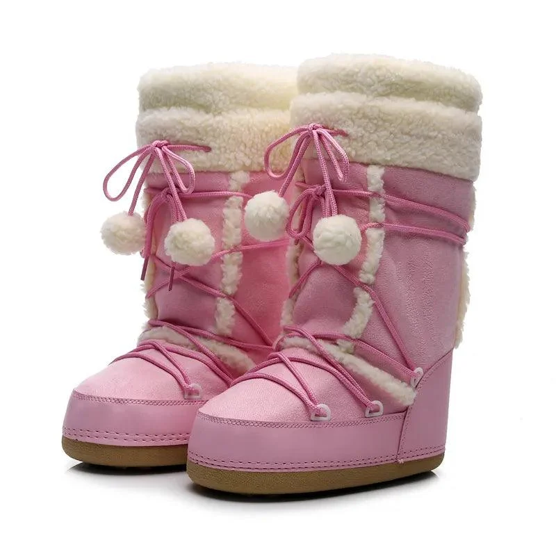 Women Snow Boots Mid-calf Lace-up Fur Boots Non-slip Pink Cotton Boots - Glova