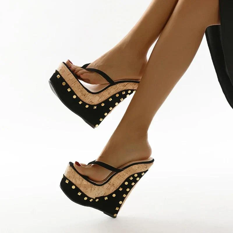 Women Solid Pleated Round Toe PU Rivet Wedges Slippers - Glova