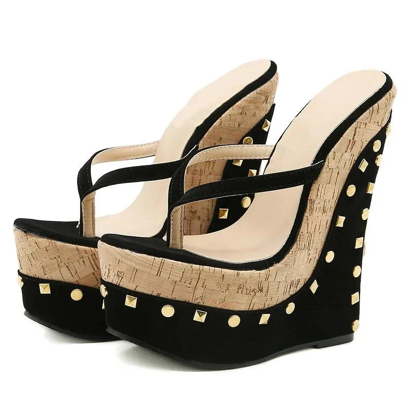 Women Solid Pleated Round Toe PU Rivet Wedges Slippers - Glova