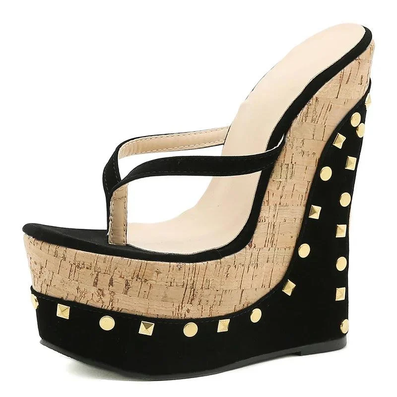 Women Solid Pleated Round Toe PU Rivet Wedges Slippers - Glova