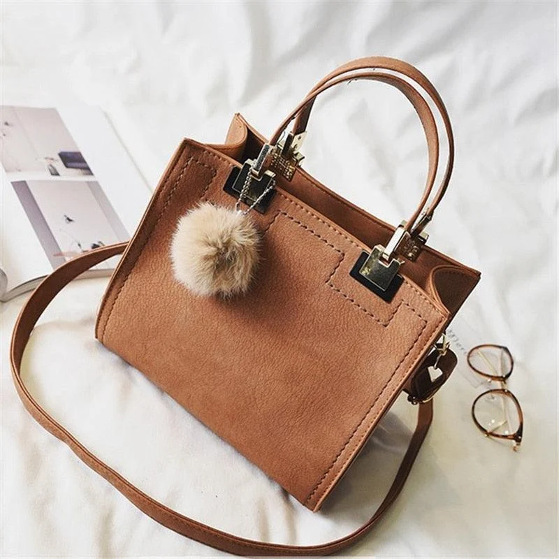 Women Tote Bag Large Suede Leather Handbag With Fur Ball - Glova