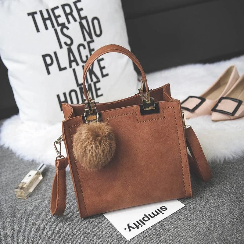 Women Tote Bag Large Suede Leather Handbag With Fur Ball - Glova