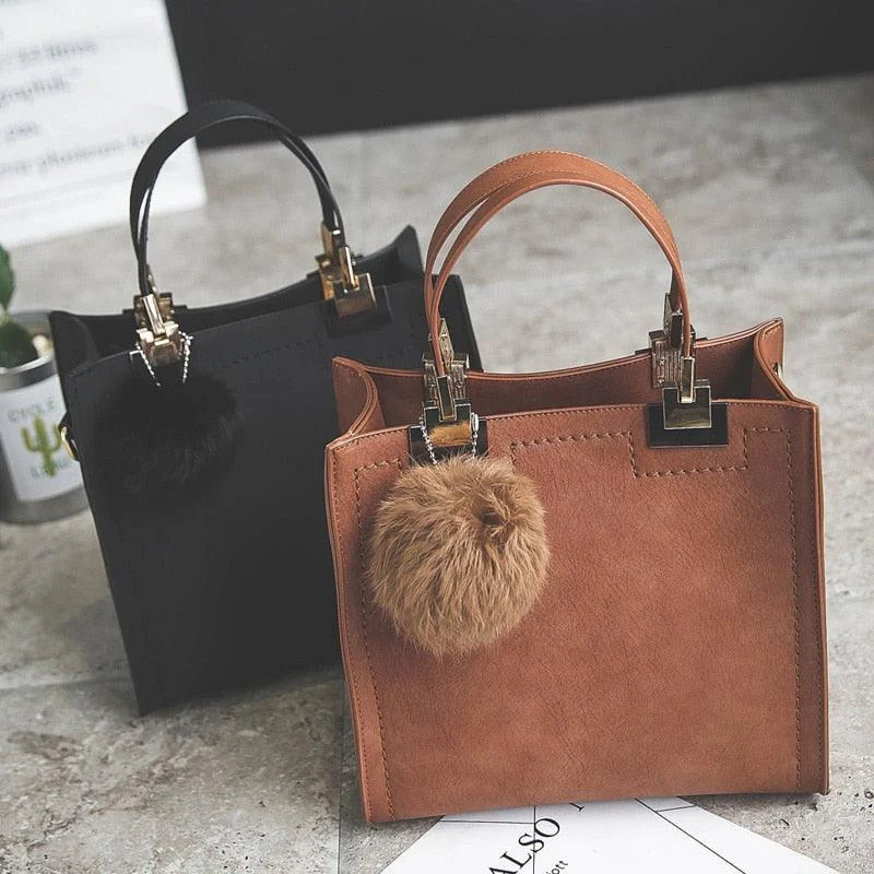 Women Tote Bag Large Suede Leather Handbag With Fur Ball - Glova