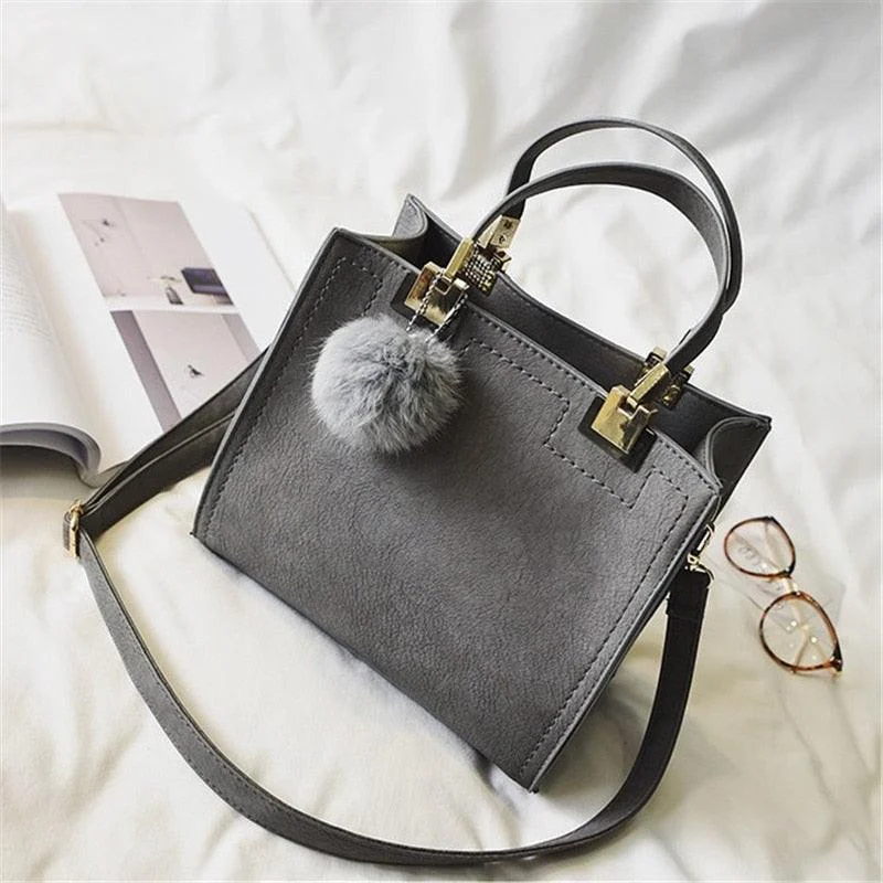 Women Tote Bag Large Suede Leather Handbag With Fur Ball - Glova