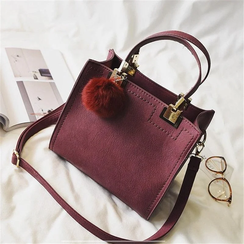 Women Tote Bag Large Suede Leather Handbag With Fur Ball - Glova