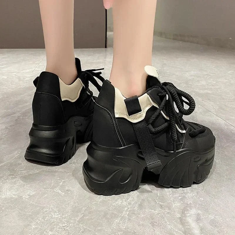 Women Walking Sneakers Lace-up High Platform Breathable Leather Shoes - Glova