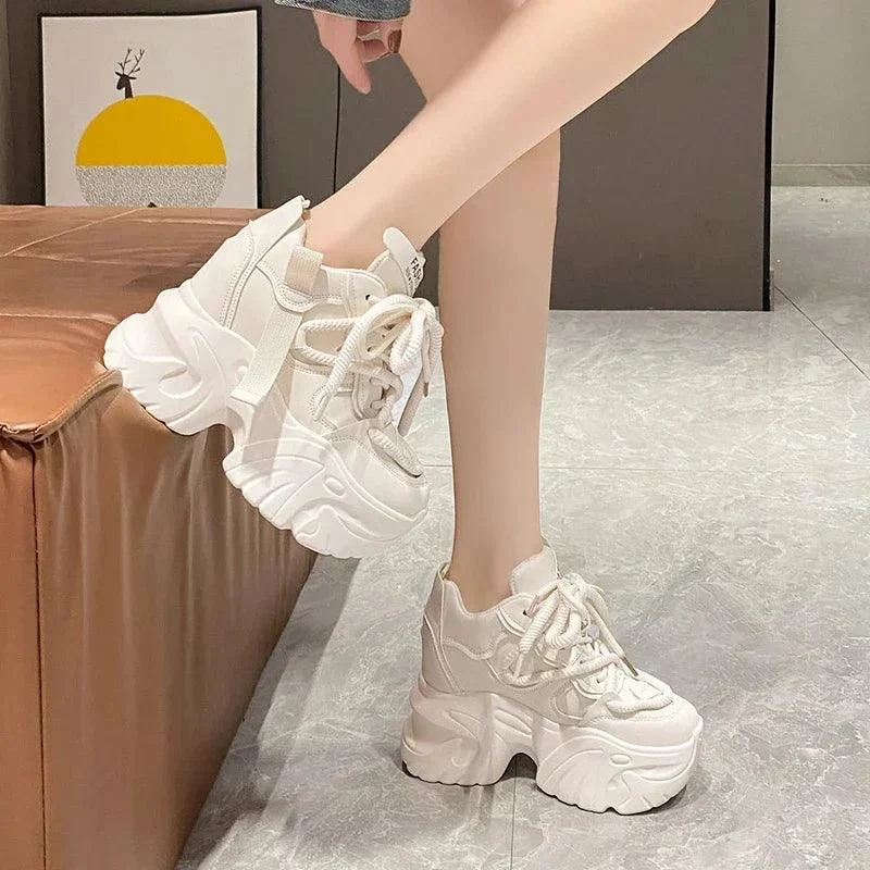 Women Walking Sneakers Lace-up High Platform Breathable Leather Shoes - Glova