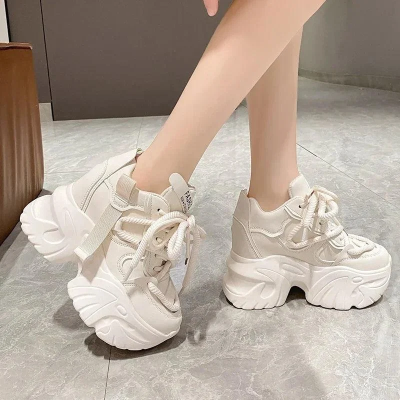 Women Walking Sneakers Lace-up High Platform Breathable Leather Shoes - Glova