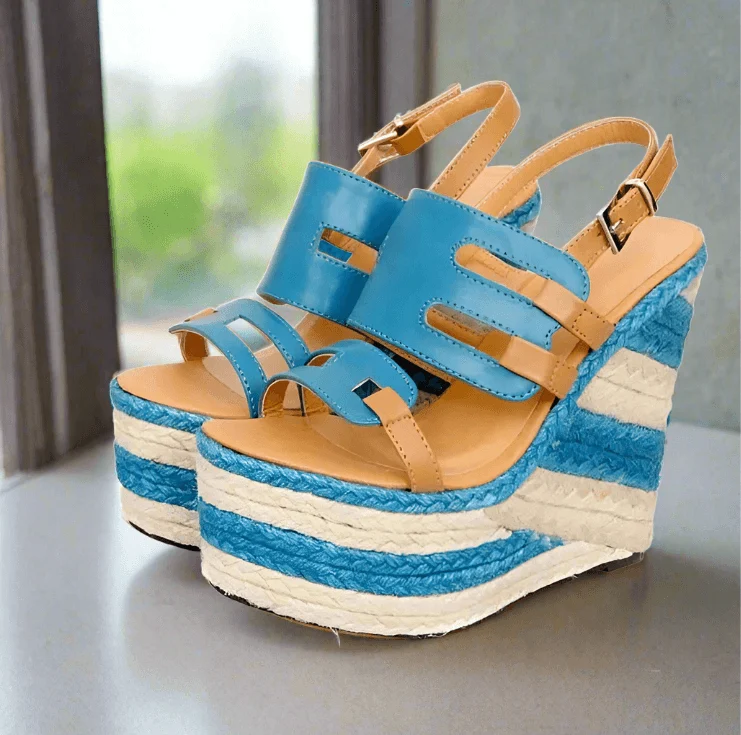 Women Wedges 13.5cm High Heels Striped Straw Platform Shoes - Glova