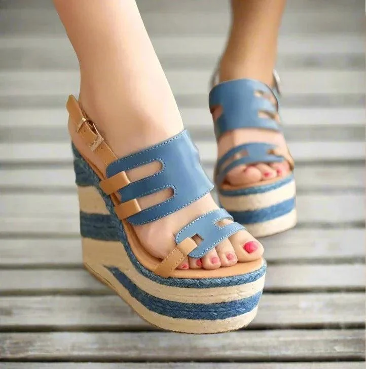 Women Wedges 13.5cm High Heels Striped Straw Platform Shoes - Glova