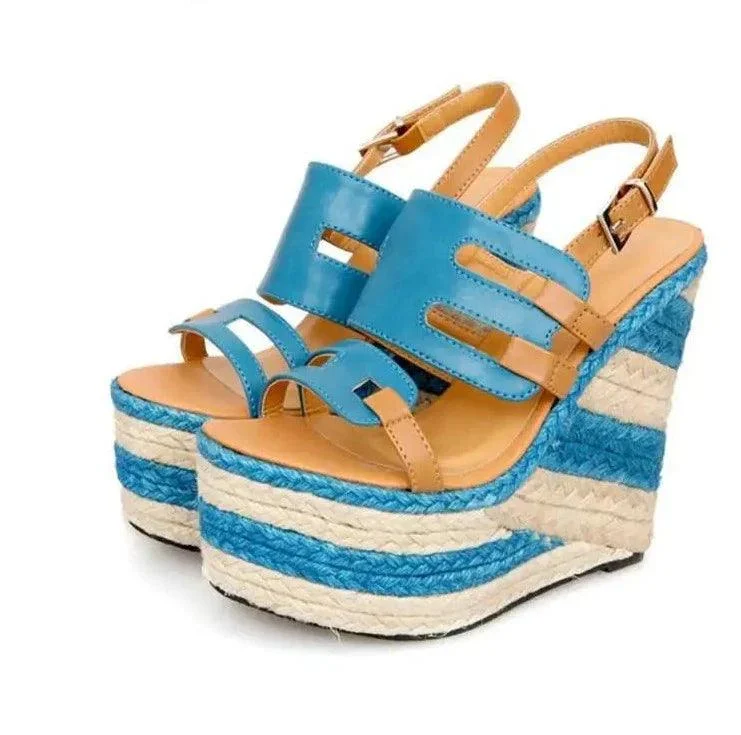 Women Wedges 13.5cm High Heels Striped Straw Platform Shoes - Glova