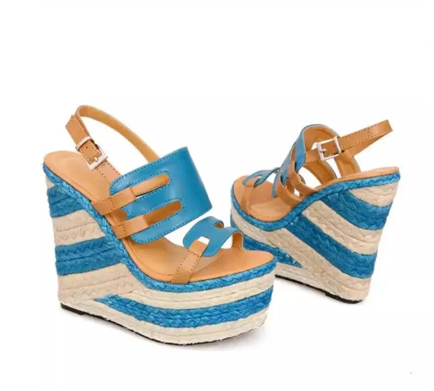 Women Wedges 13.5cm High Heels Striped Straw Platform Shoes - Glova