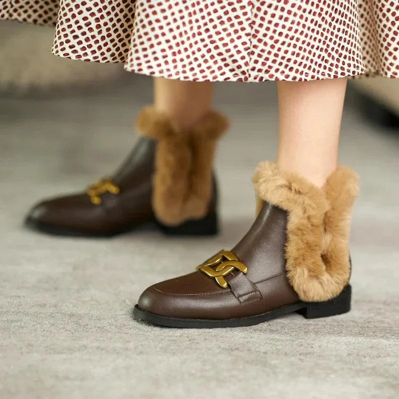 Women Winter Boots Leather Flat Metal Buckles Furry Shoes - Glova