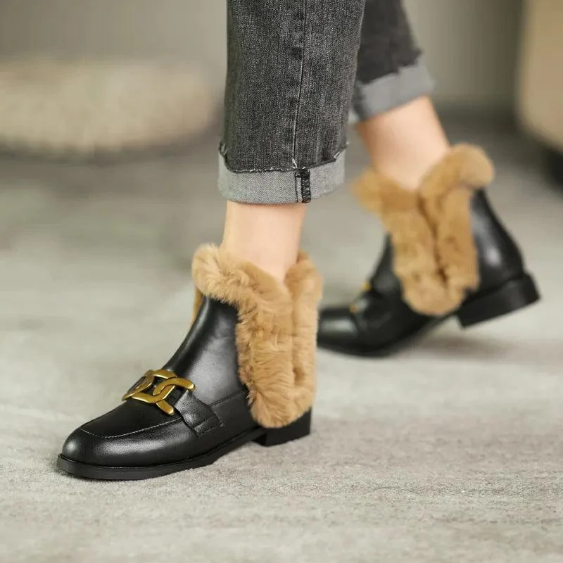 Women Winter Boots Leather Flat Metal Buckles Furry Shoes - Glova