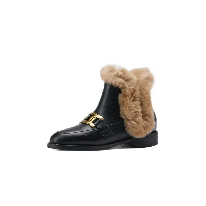 Women Winter Boots Leather Flat Metal Buckles Furry Shoes - Glova