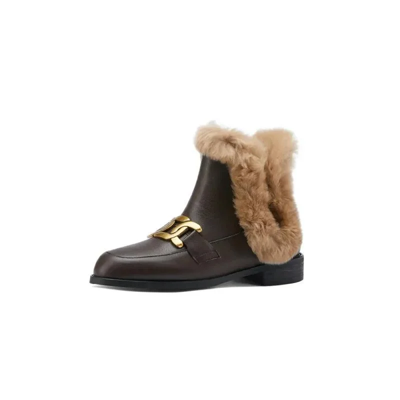 Women Winter Boots Leather Flat Metal Buckles Furry Shoes - Glova