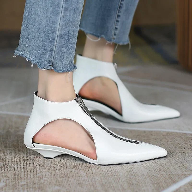 Women Zipper Shoes Black White Low Heels Zipper Leather Shoes - Glova