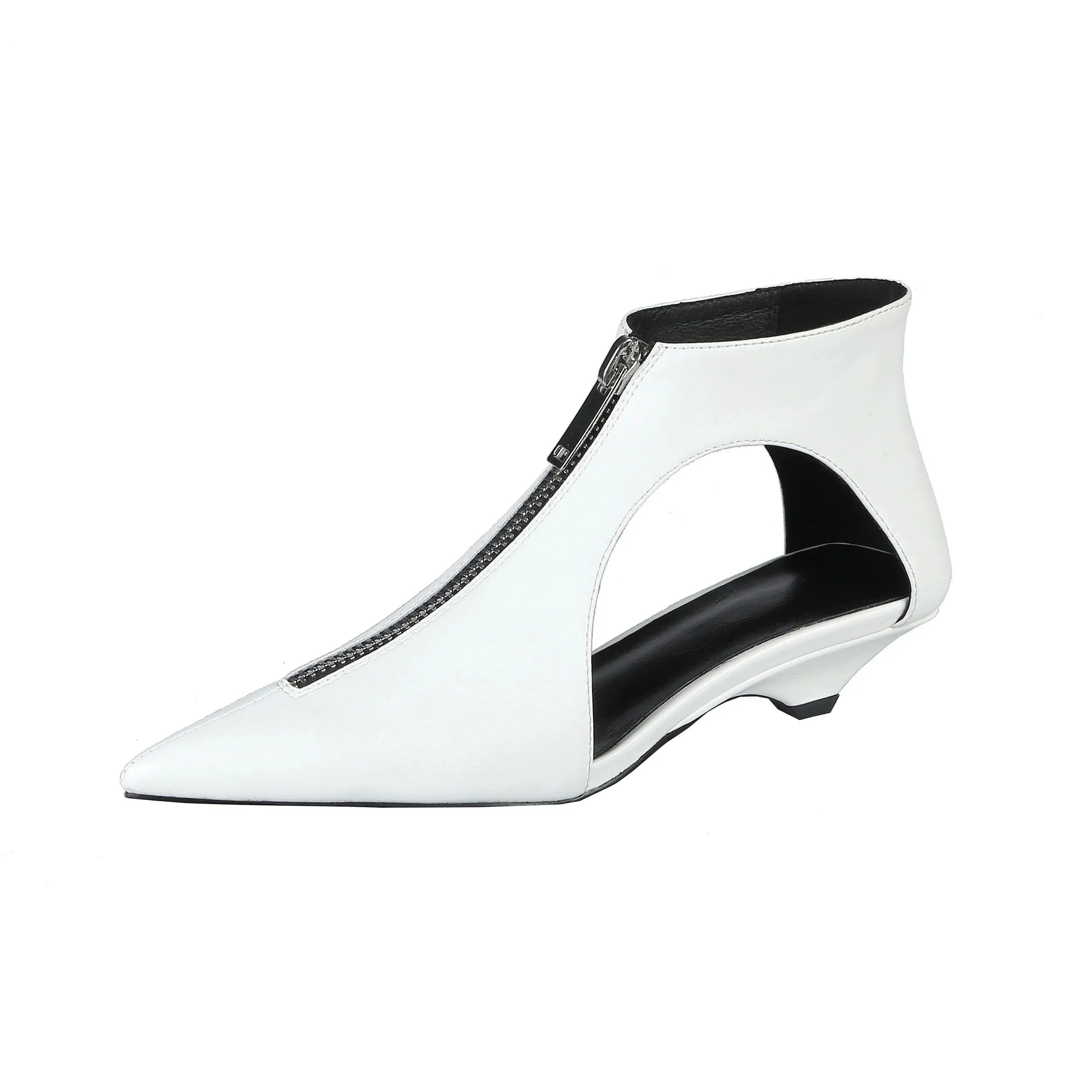 Women Zipper Shoes Black White Low Heels Zipper Leather Shoes - Glova