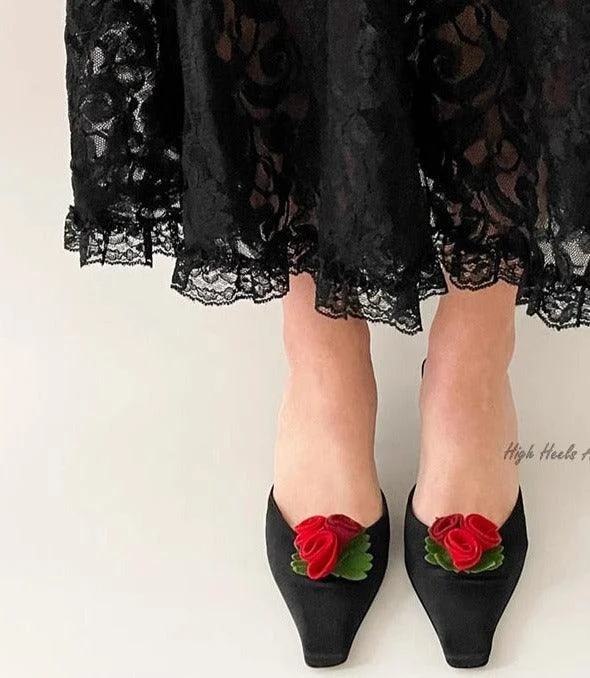 Womens's 3D Flower Low Heels Black Silk Mules Shoes - Glova