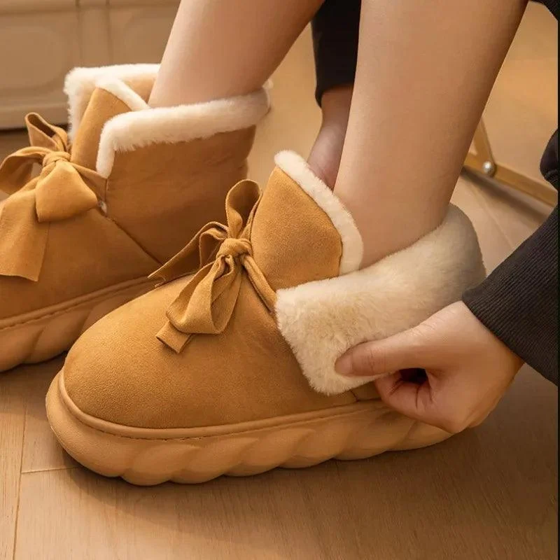 Womens Snow Boots Faux Suede Ribbons Bow Ankle Boots - Glova