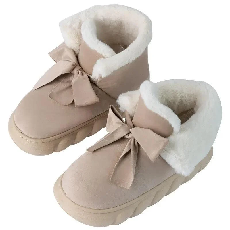 Womens Snow Boots Faux Suede Ribbons Bow Ankle Boots - Glova