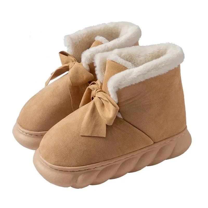 Womens Snow Boots Faux Suede Ribbons Bow Ankle Boots - Glova