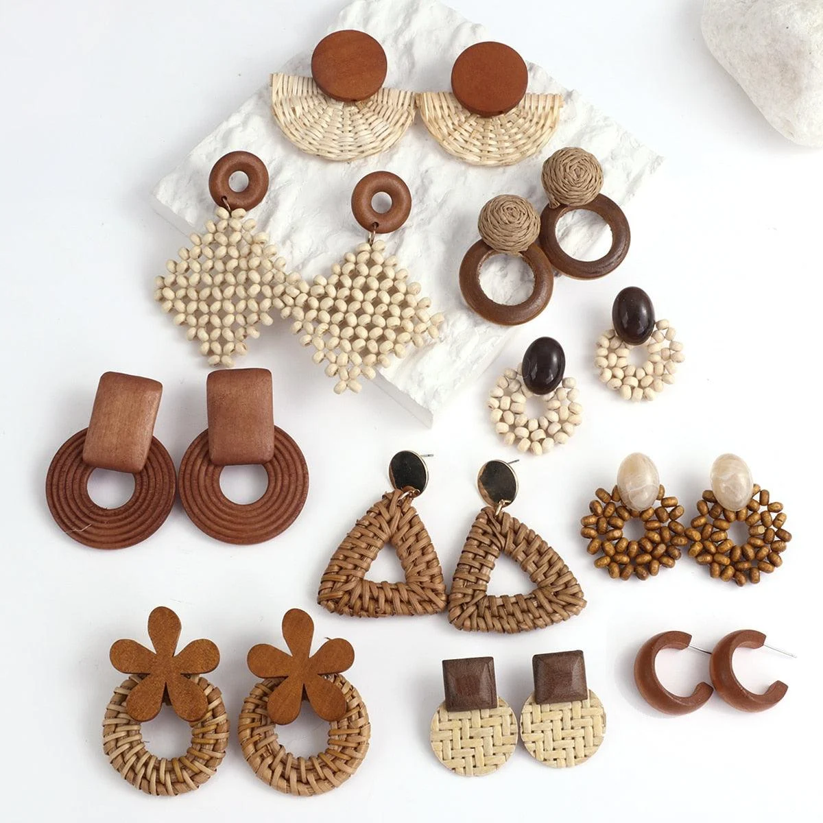 Wooden Beads and Rattan Boho Earrings - Glova