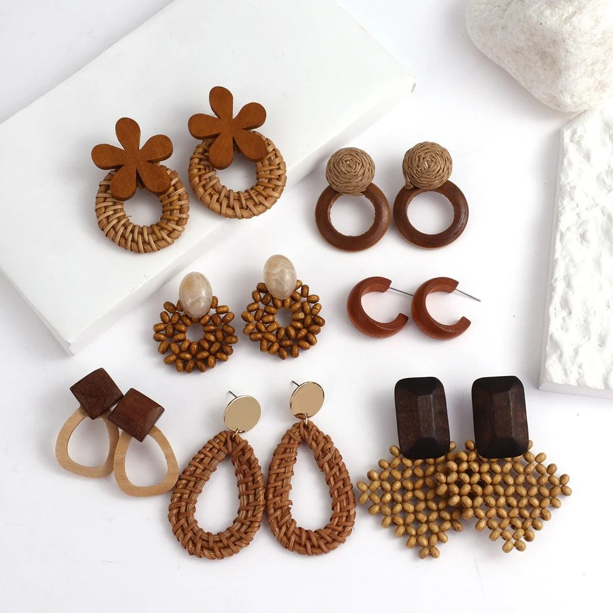 Wooden Beads and Rattan Boho Earrings - Glova