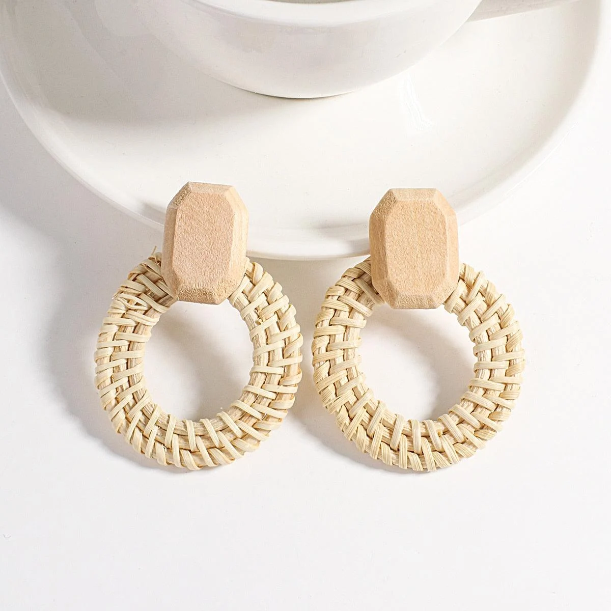 Wooden Beads and Rattan Boho Earrings - Glova