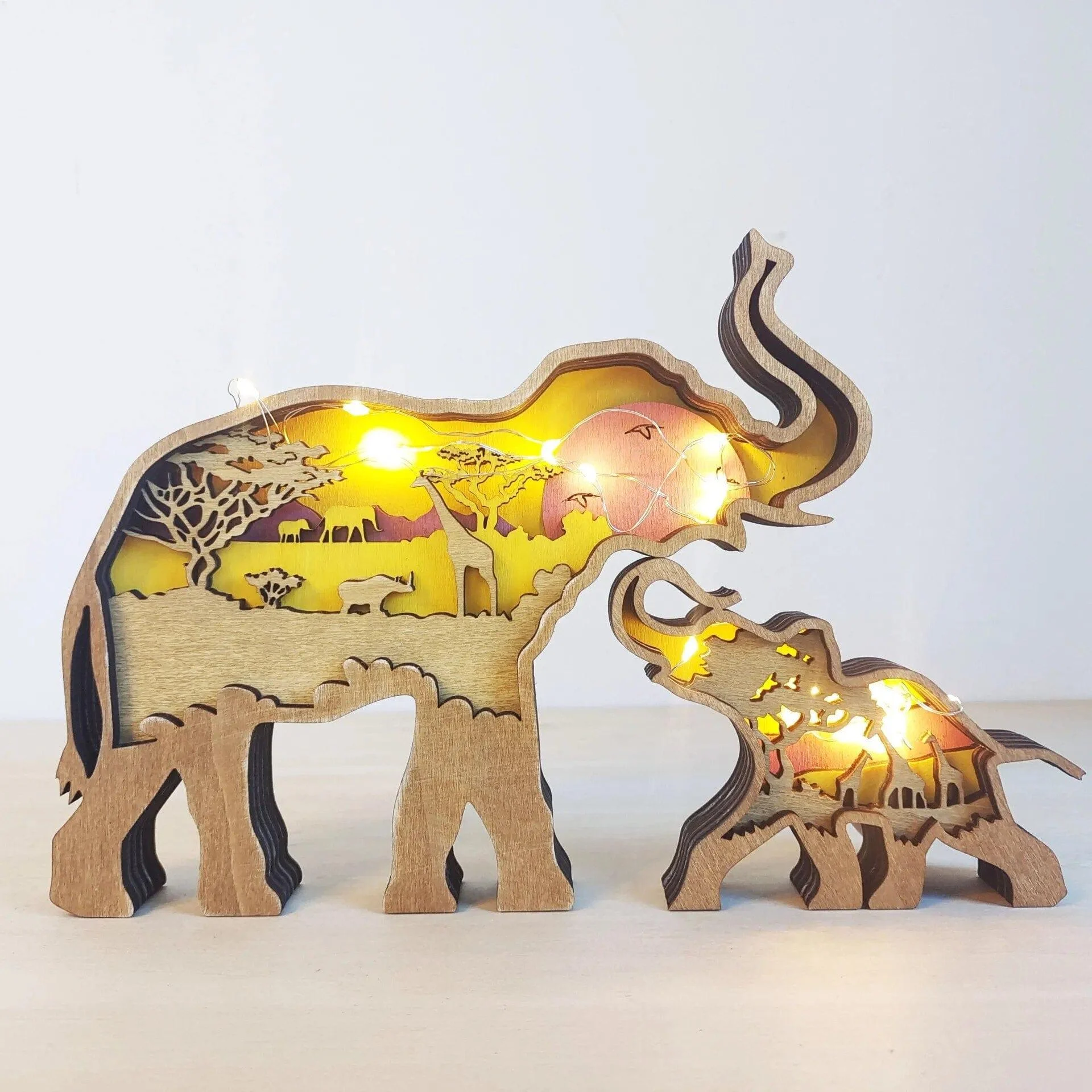 Wooden Elephant Figurine With LED Lights - Glova