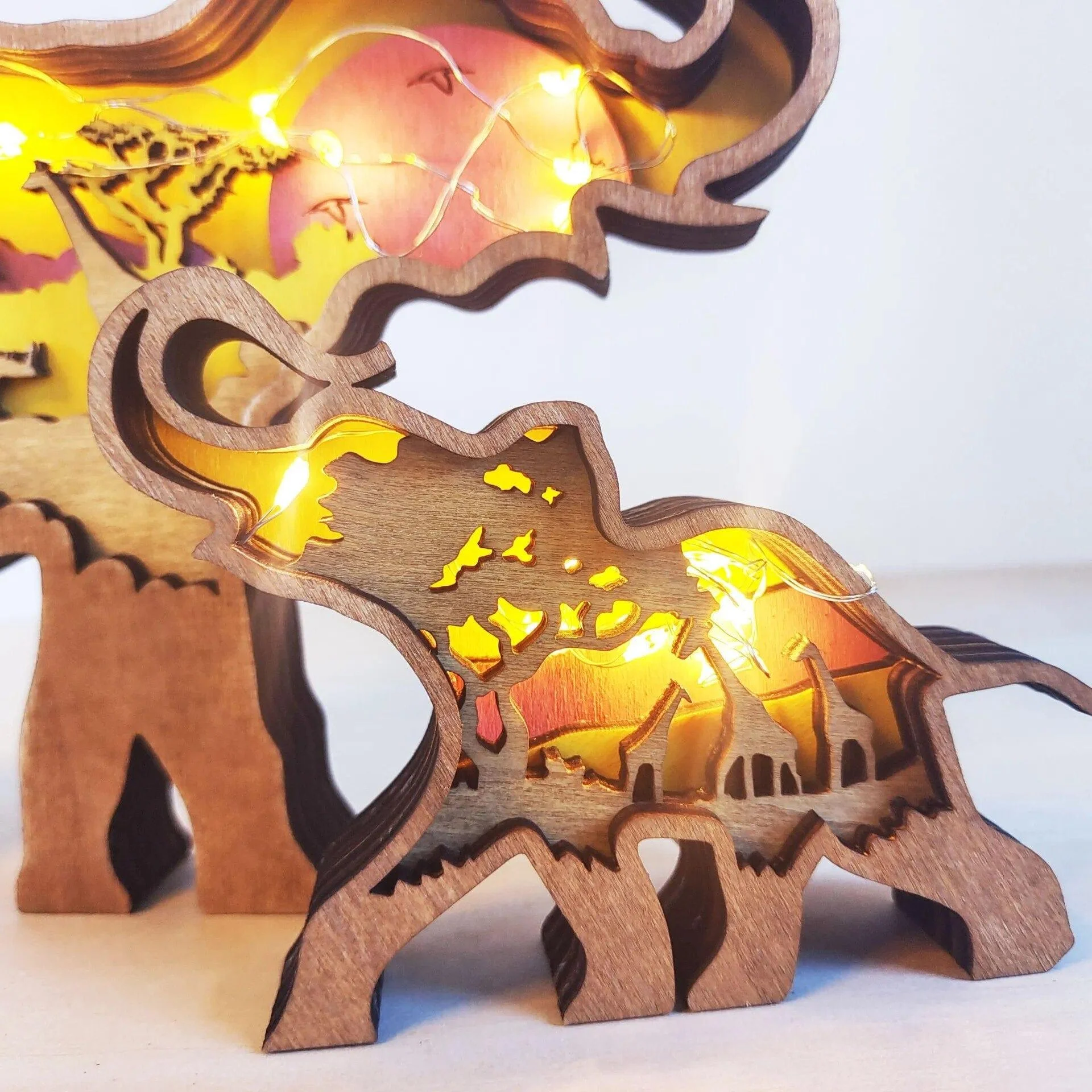 Wooden Elephant Figurine With LED Lights - Glova