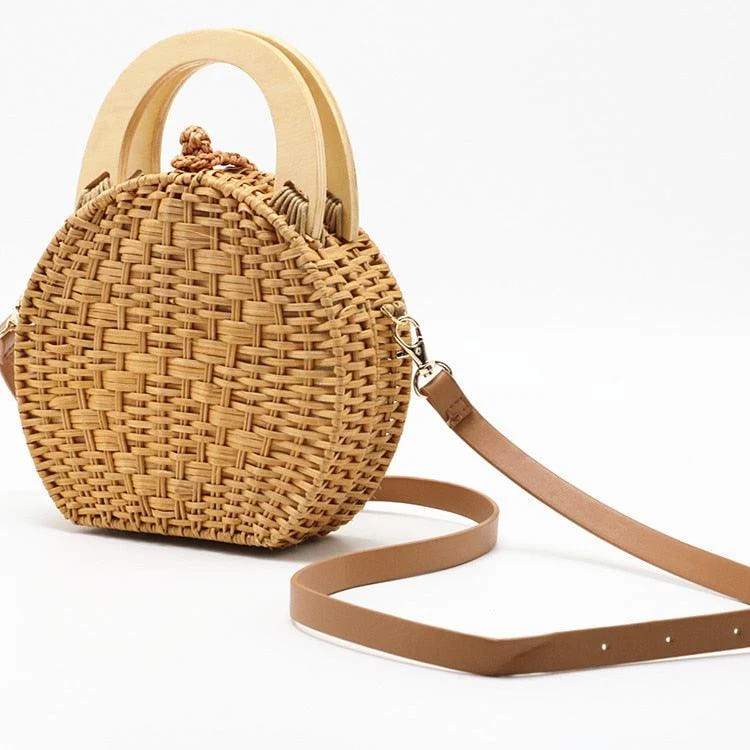 Wooden Handle Circle Straw Rattan Shoulder Bag - 2 Colors - Glova