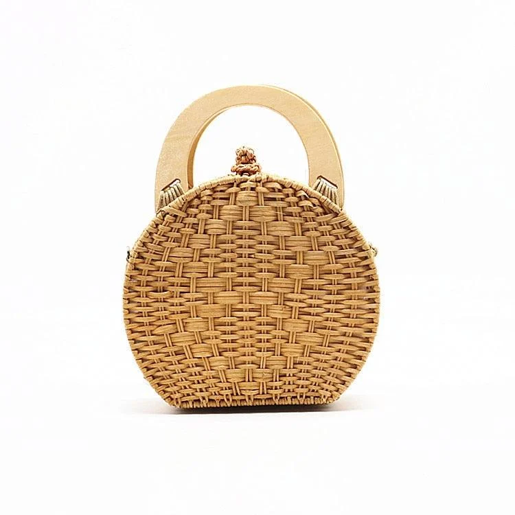 Wooden Handle Circle Straw Rattan Shoulder Bag - 2 Colors - Glova