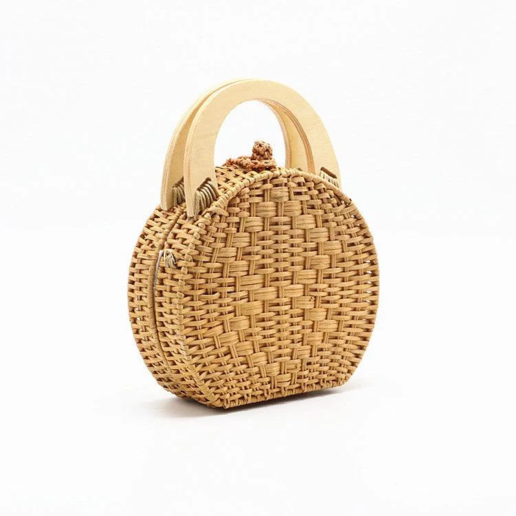 Wooden Handle Circle Straw Rattan Shoulder Bag - 2 Colors - Glova